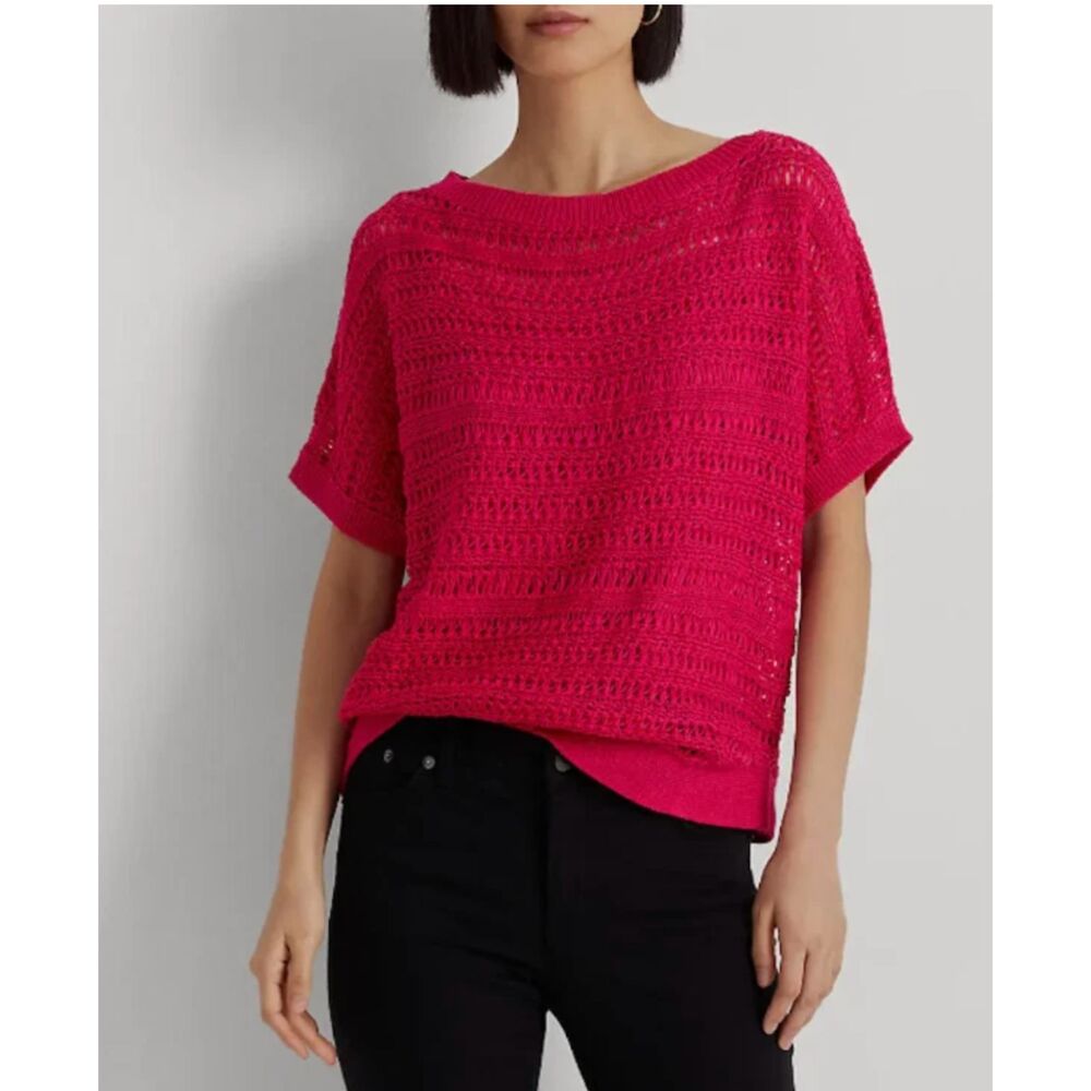 RALPH LAUREN Women Sport Pink Cotton Mesh Short-Sleeve Sweater Plus Size 3X